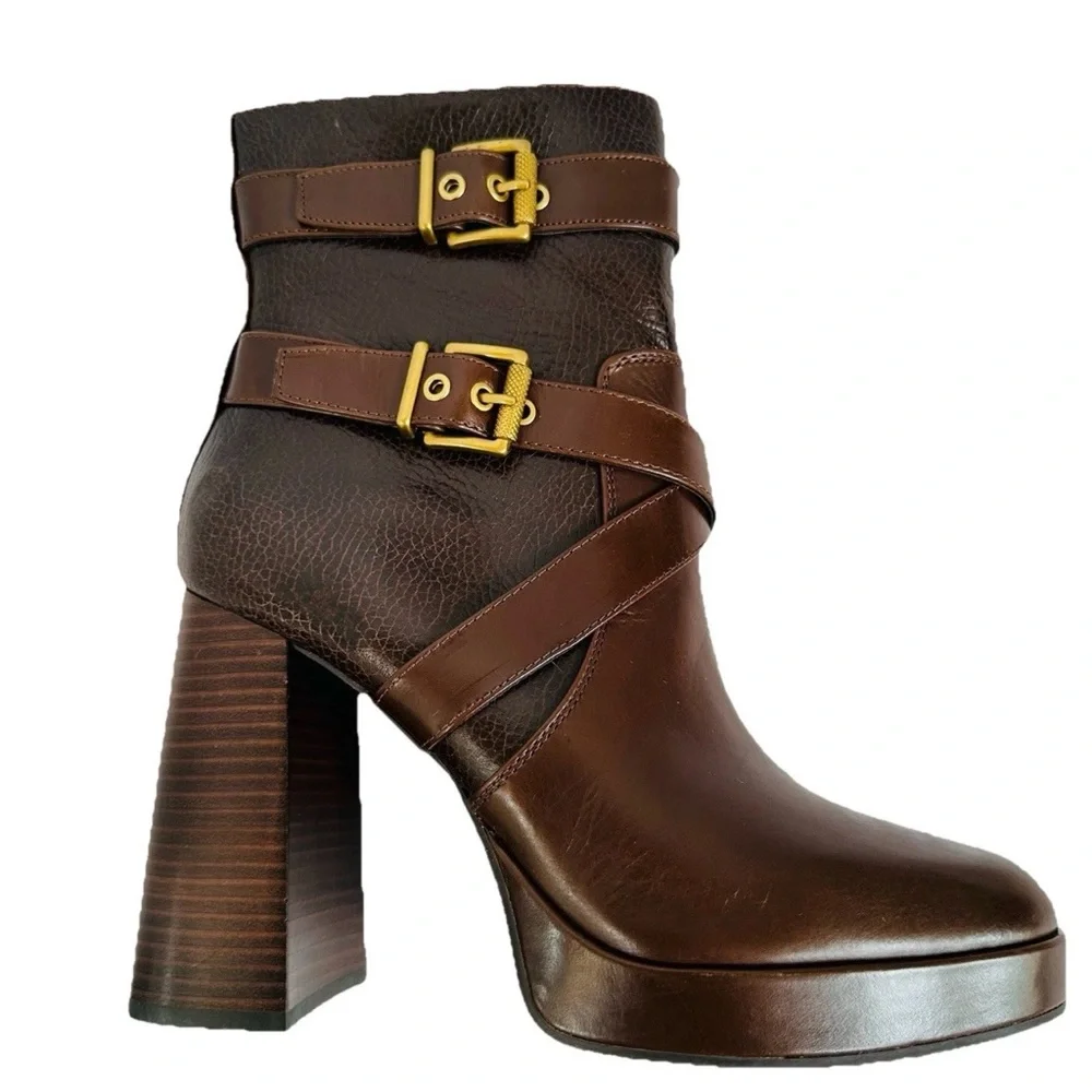 Vince Camuto Coliana Leather Platform Block Heel Brown Booties-9.5-Buckles Indie